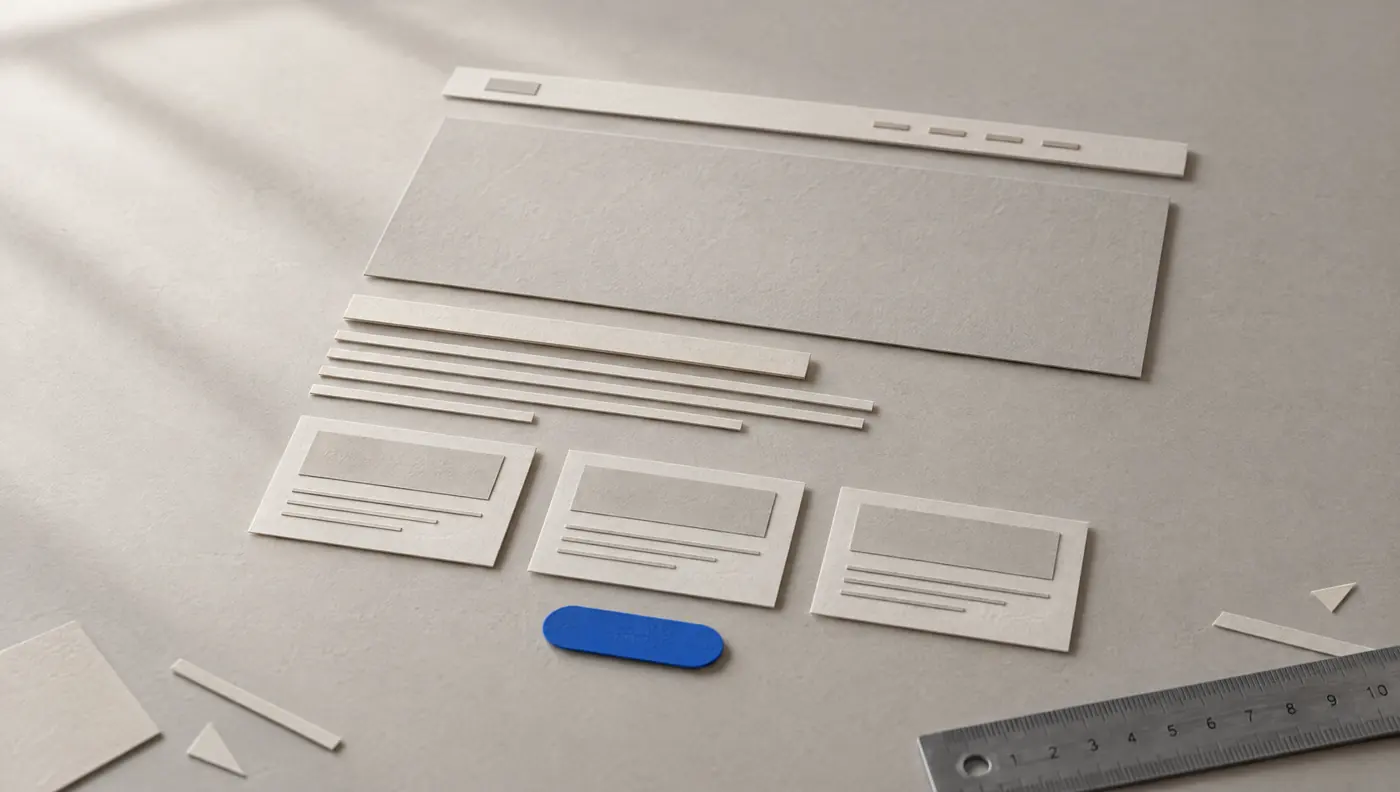 Eine Website-Startseite, aus Papier geschnitten und auf einer Unterlage ausgelegt