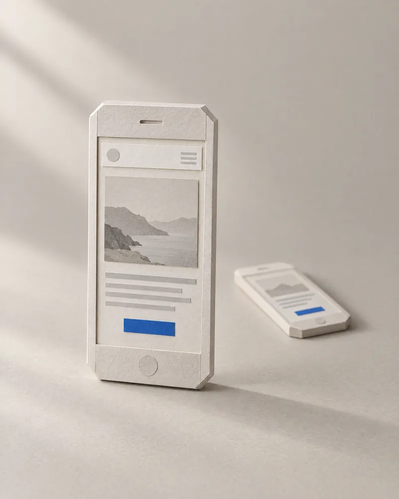 Ein Handy aus Papier, auf dem Bildschirm eine kleine Website aus Papierstreifen