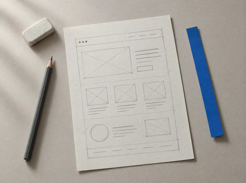 Bleistiftskizze einer Website auf Zeichenpapier, daneben Stift und Radiergummi