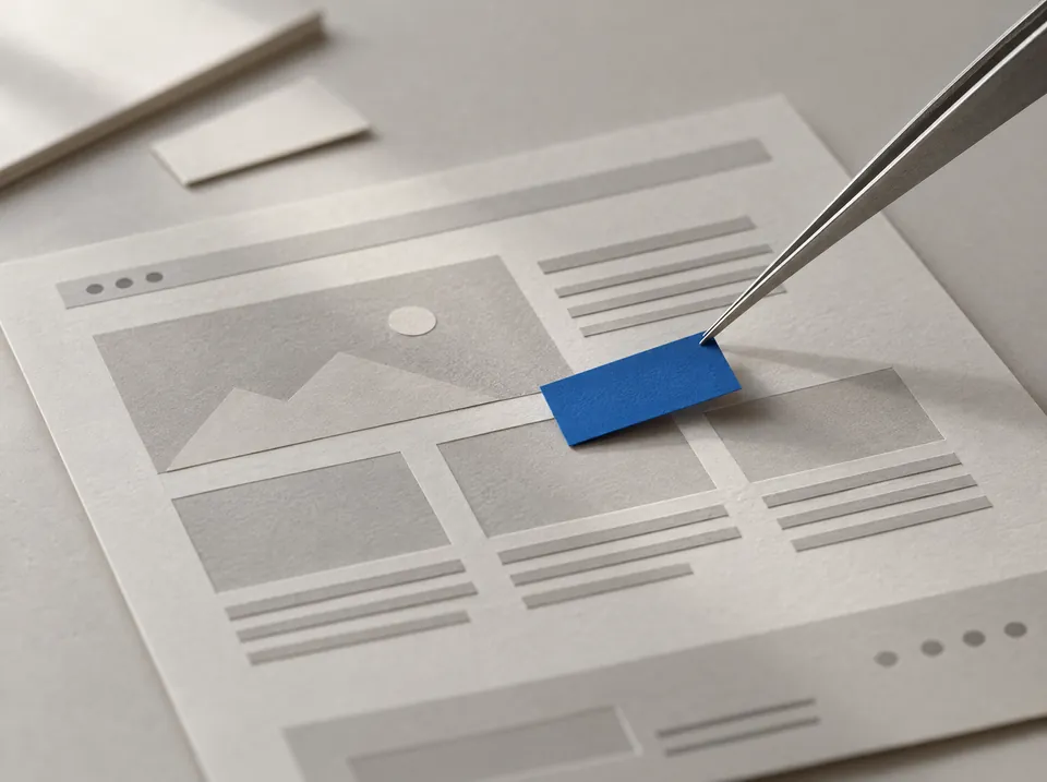 Eine Pinzette setzt ein blaues Papierstück in ein Layout aus Papier