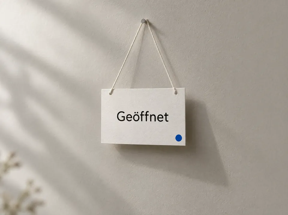 Ein Türschild aus Papier mit der Aufschrift Geöffnet
